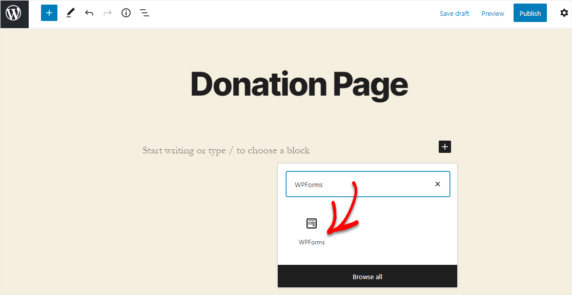 agregue el widget wpforms para el formulario de donación