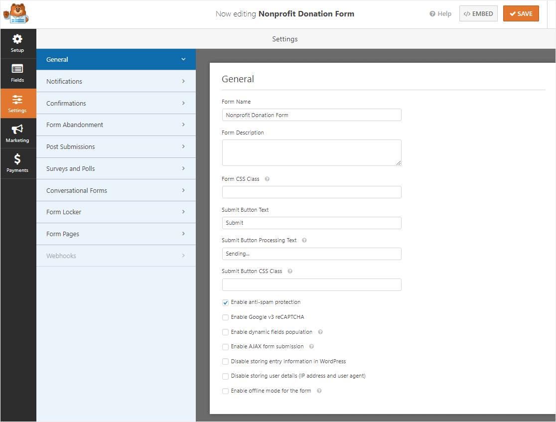 pagina de setări a formularului de donație nonprofit