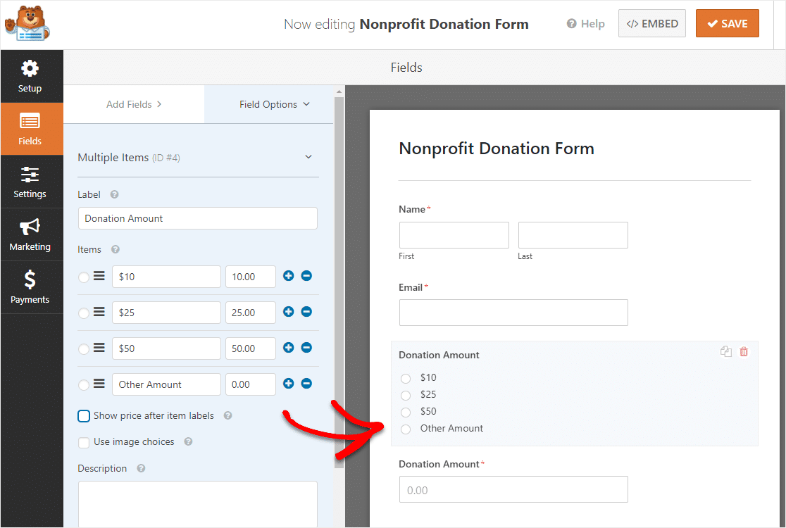 creați sume de donații personalizate pe formular