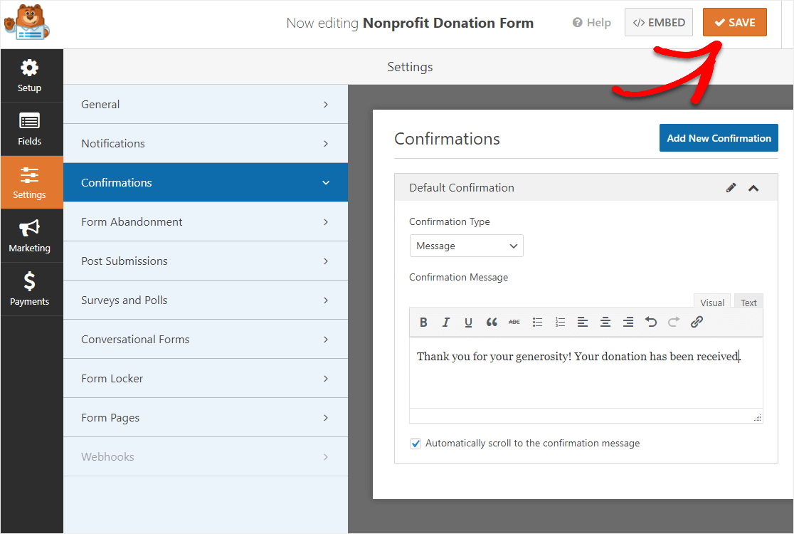 salva le impostazioni di conferma nel modulo di donazione wordpress