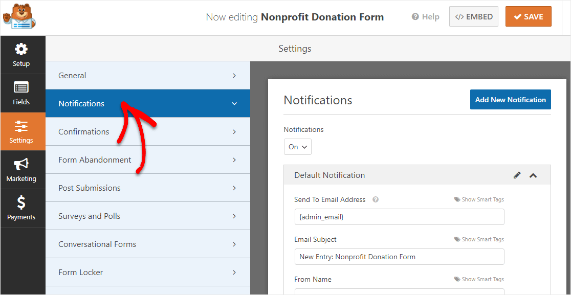 configurar notificaciones en el formulario de donación de wordpress