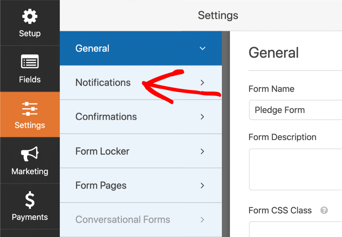 Abrir la configuración de notificación del formulario de compromiso