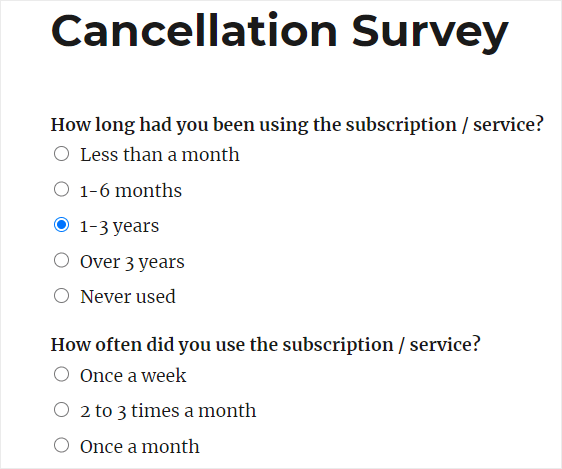 formulário de pesquisa de cancelamento concluído em wordpress