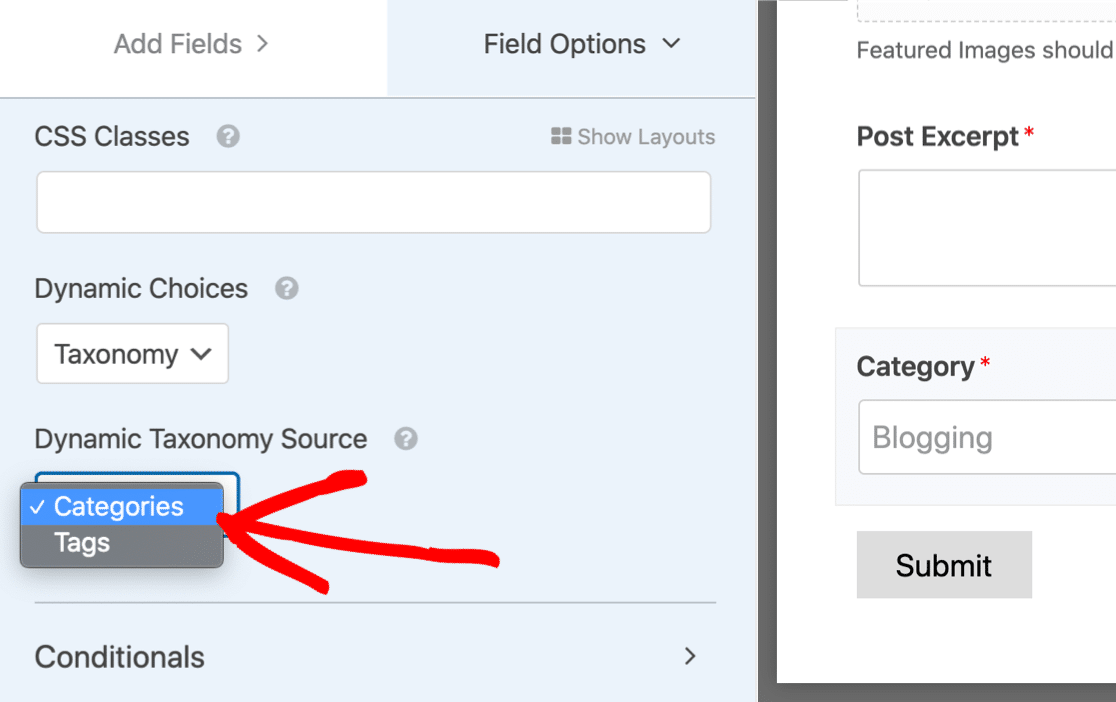 Modifier la taxonomie sur le contenu soumis par l'utilisateur