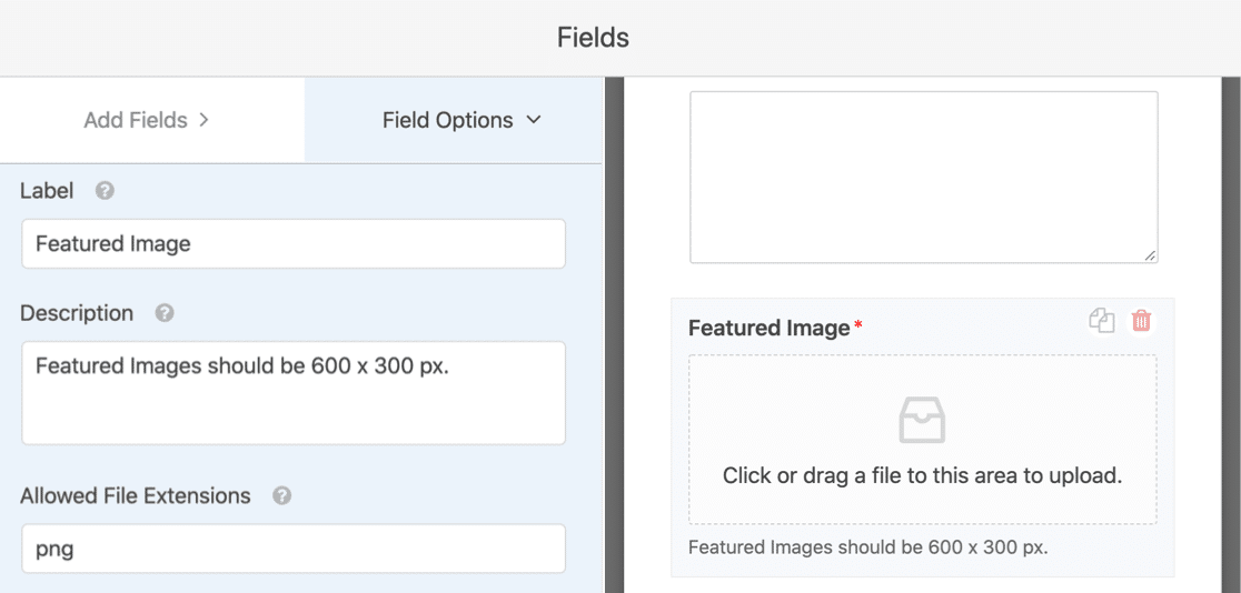 ユーザーが送信した投稿フォームテンプレートの注目の画像フィールド