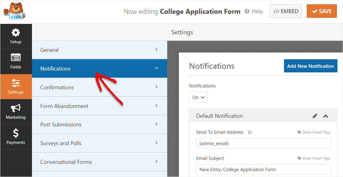 notificações de formulário de inscrição para faculdade