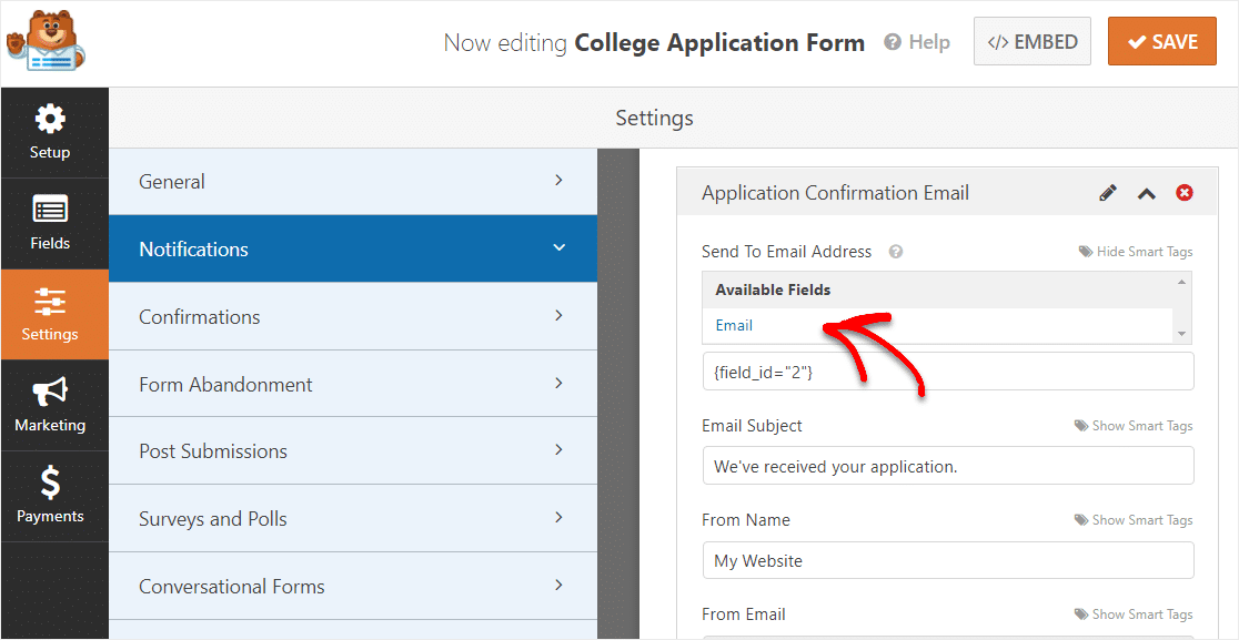 aggiungere uno smart tag al modulo di domanda del college