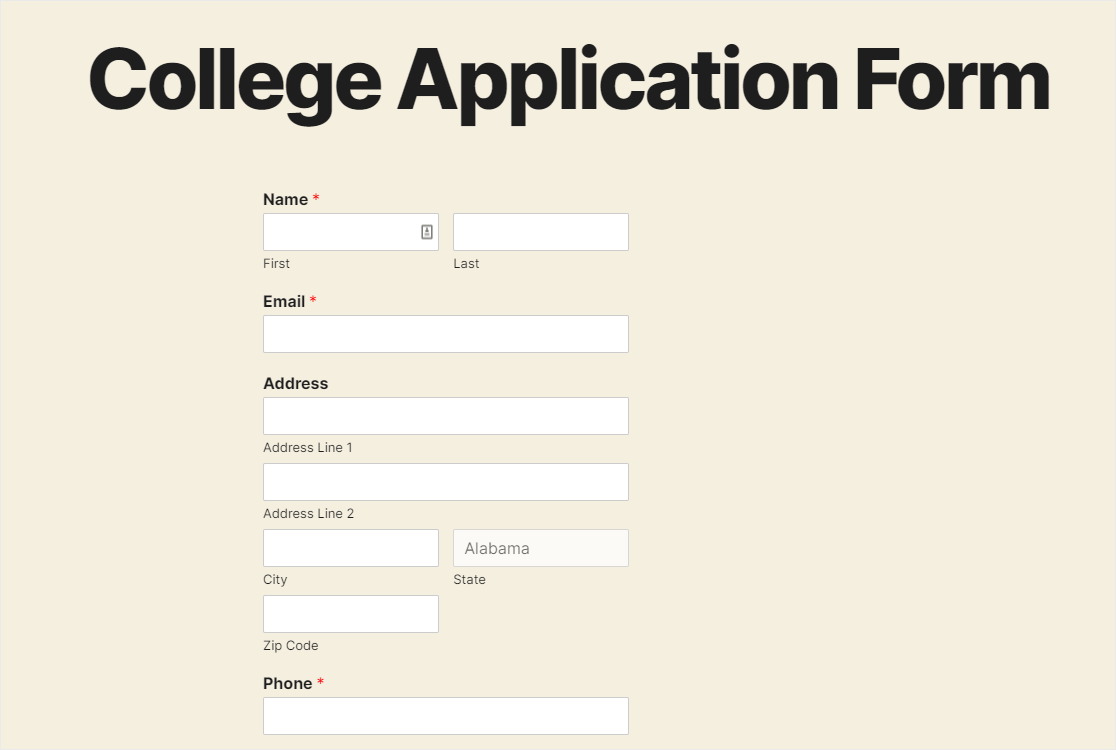 veröffentlichtes College-Bewerbungsformular