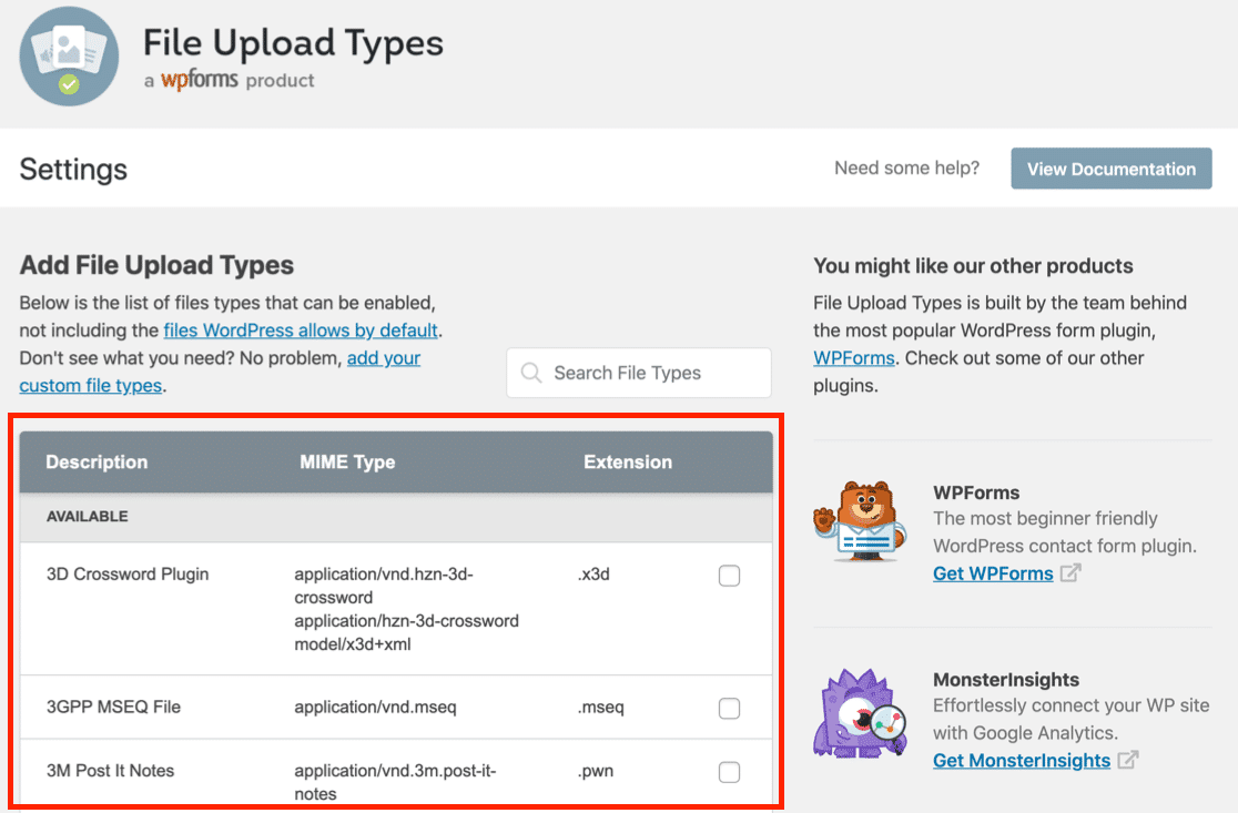 Lise ของประเภทไฟล์ในปลั๊กอิน File Upload Types