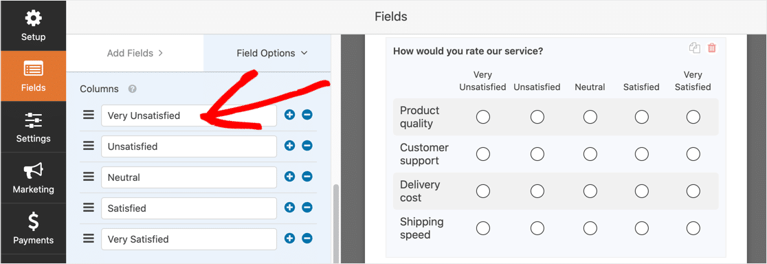 Antwortmöglichkeiten für Matrixfragen