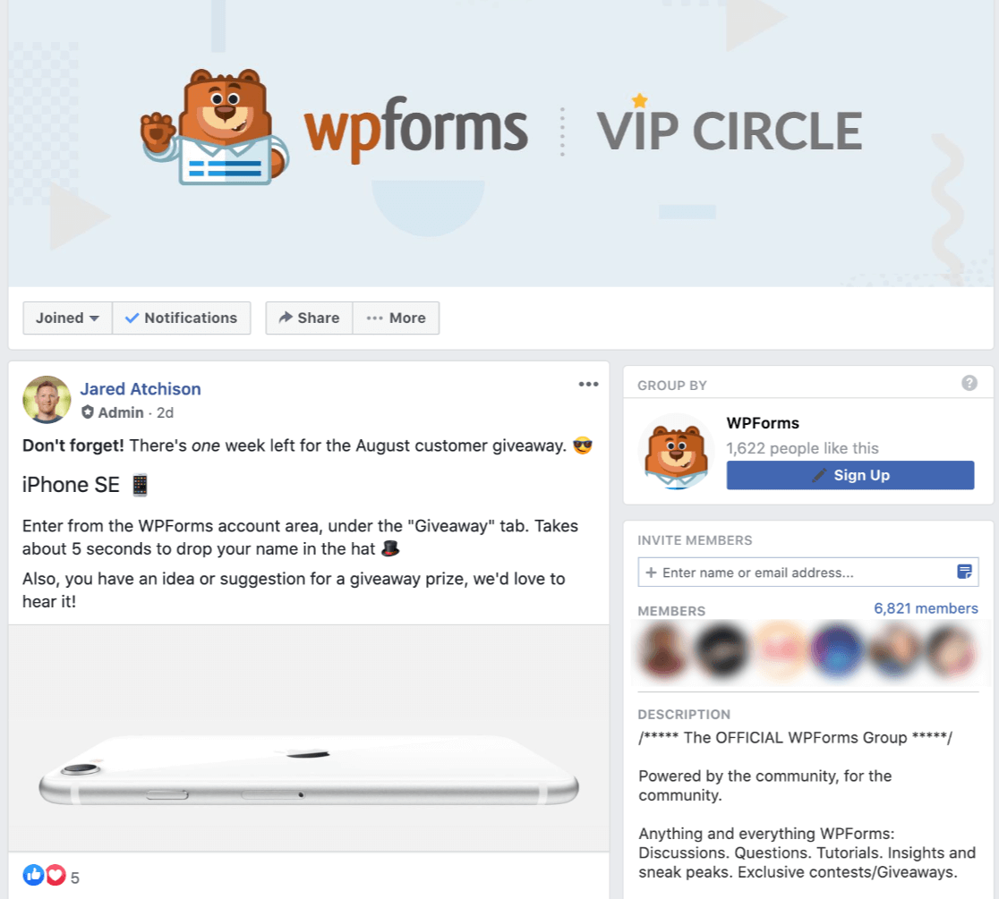 WPForms prend en charge le cercle VIP de Facebook