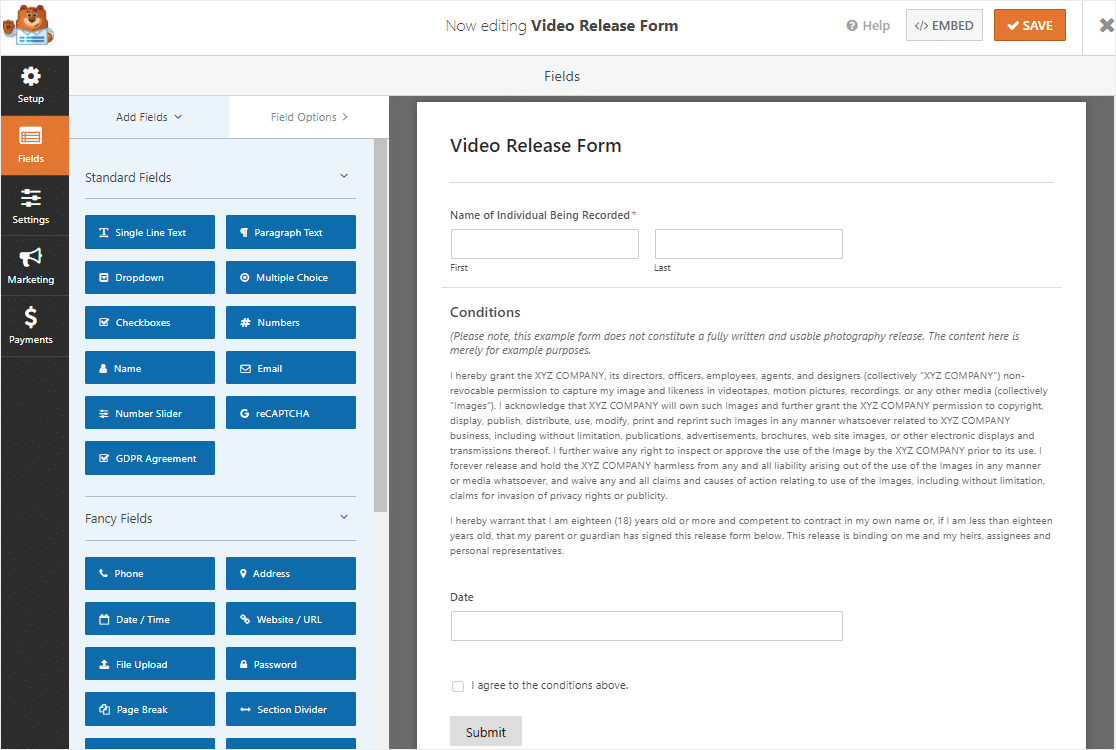 wpforms'ta video yayın formu şablonu