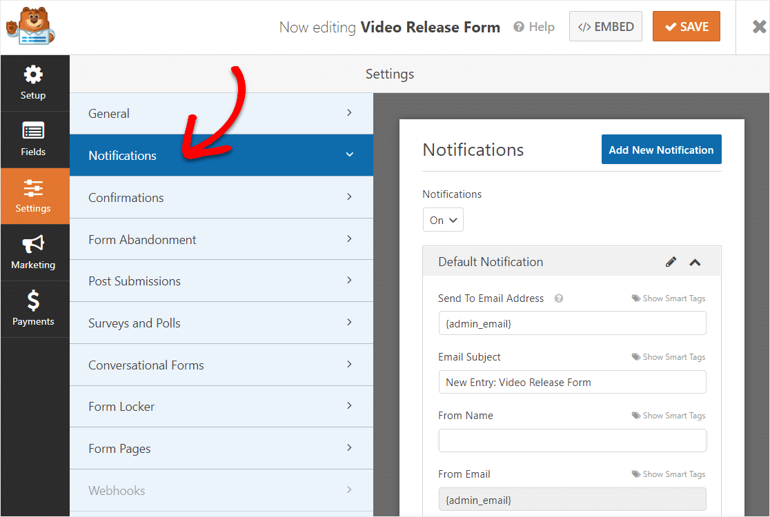 paramètres de notification wpforms sur le formulaire de sortie vidéo