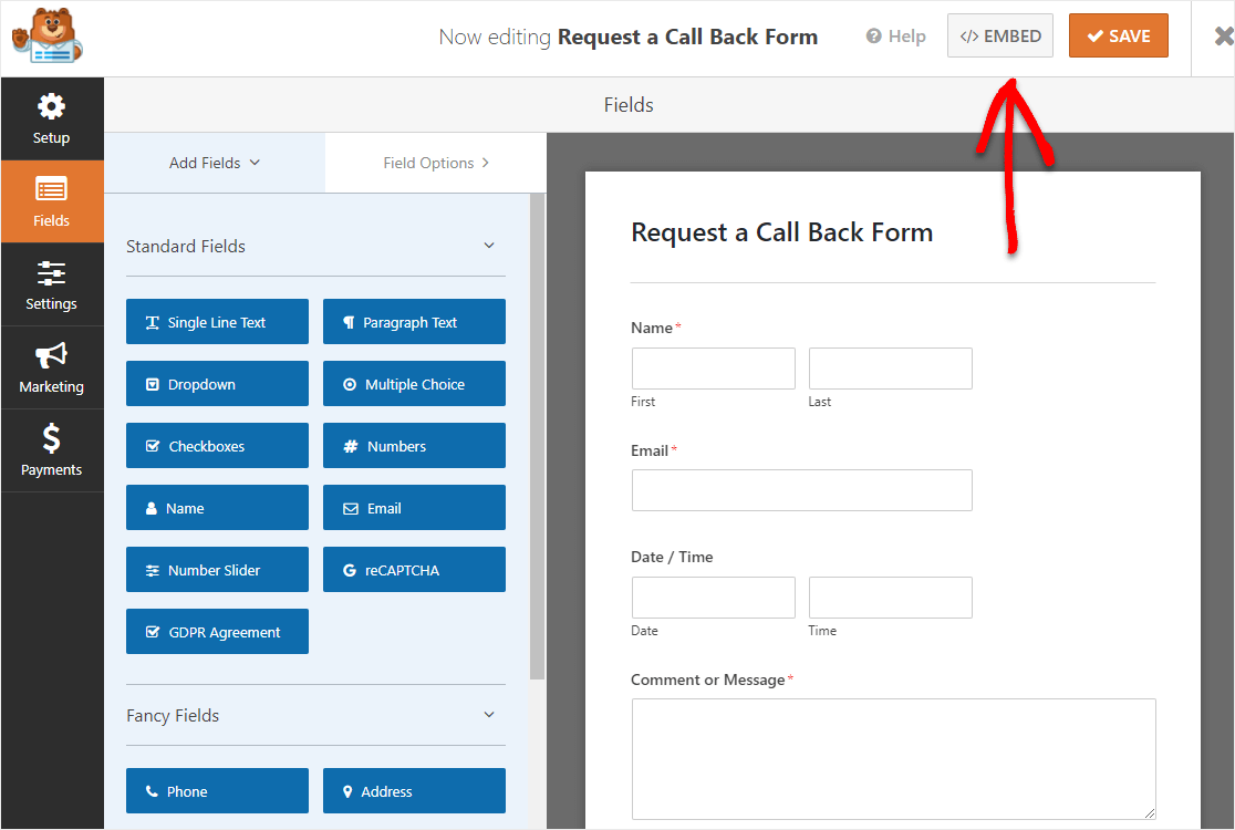 Insertar formulario de devolución de llamada de solicitud de wordpress