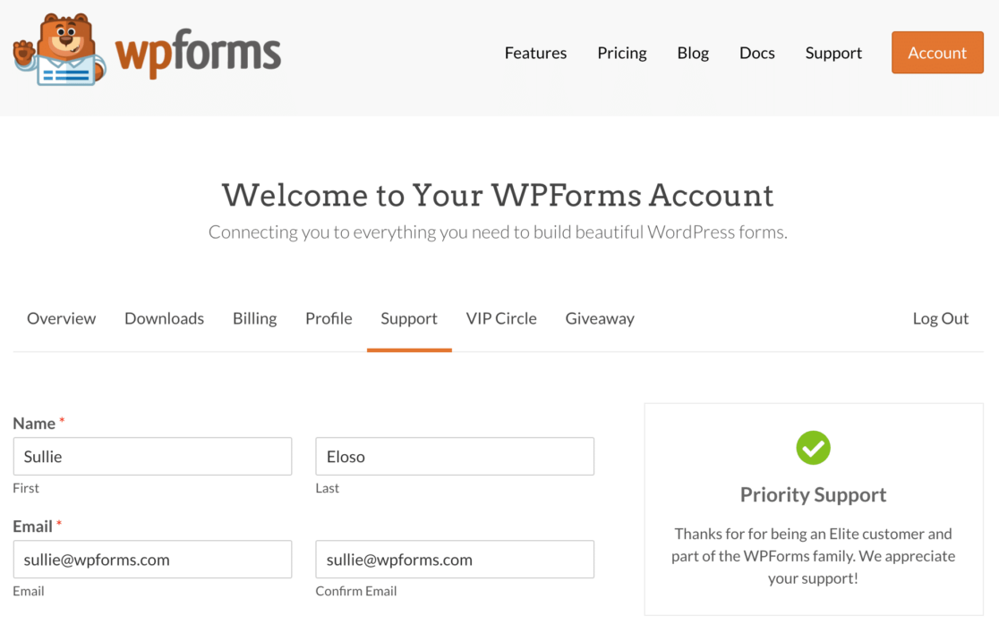 Билет в службу поддержки WPForms для платных лицензий