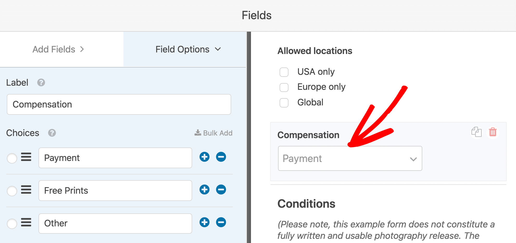 Câmp de compensare a formularului de eliberare a modelului