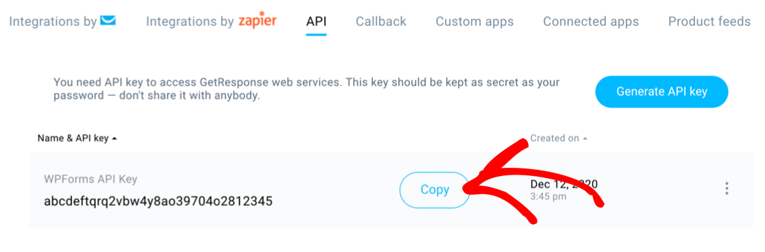 Copier la clé API GetResponse