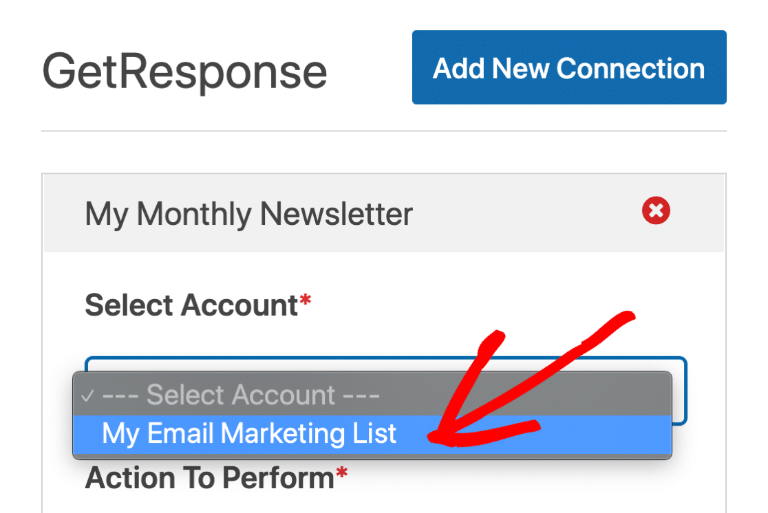 Sélectionnez le compte GetResponse dans WordPress