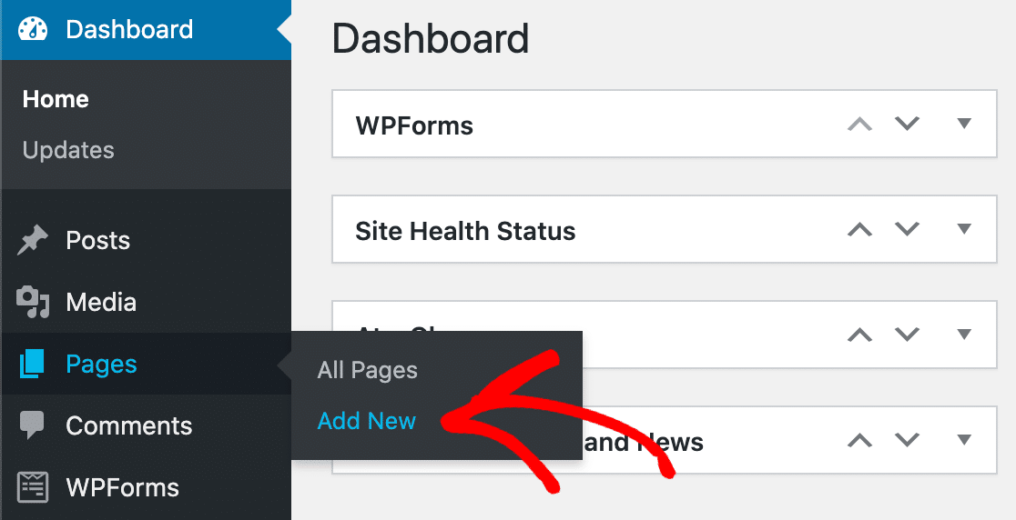 Adicionar nova página do WordPress