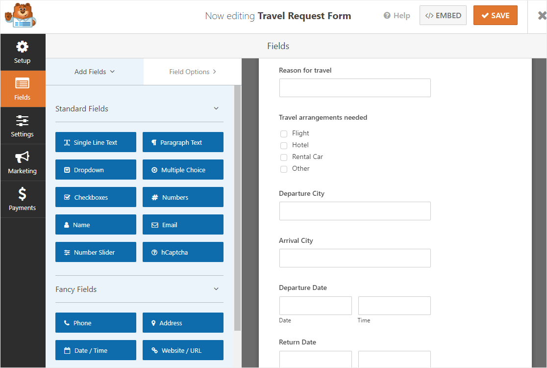 nuovo modello di modulo di richiesta di viaggio online