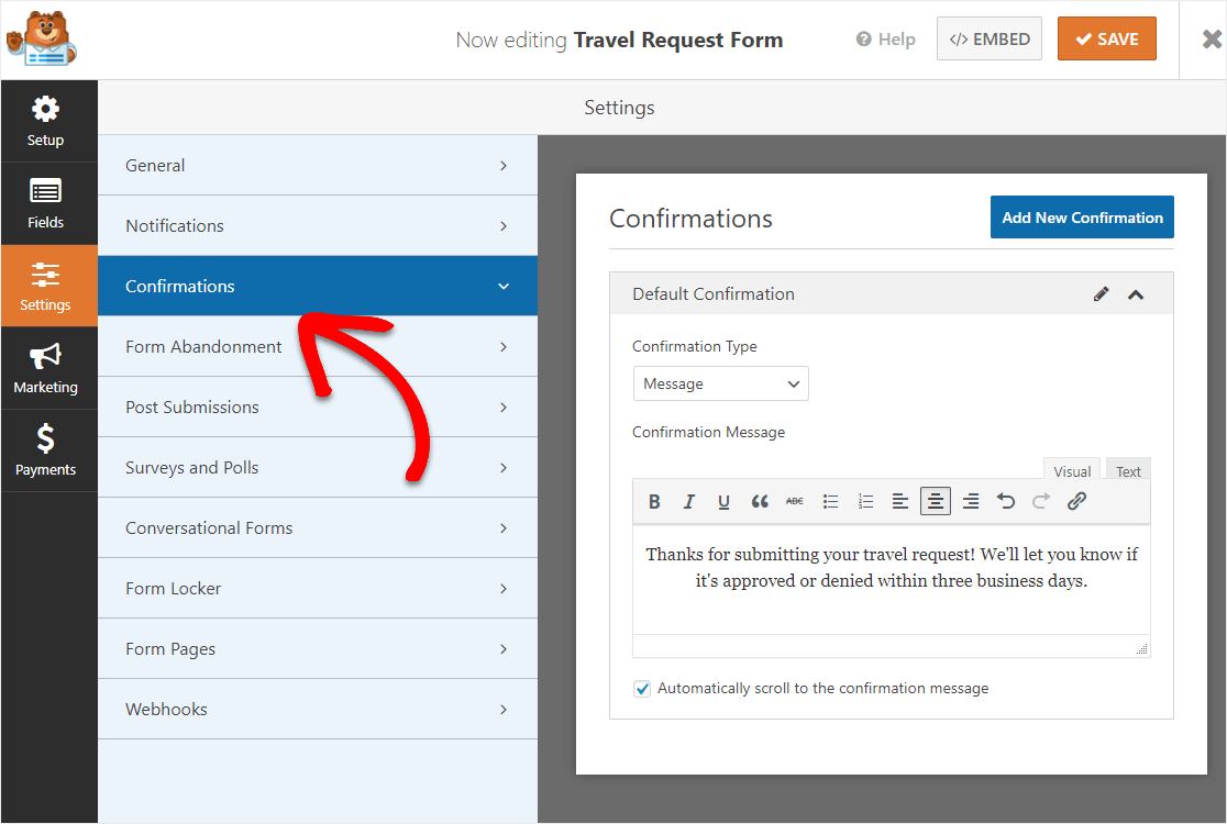 formulário de solicitação de viagem mensagem de confirmação wpforms