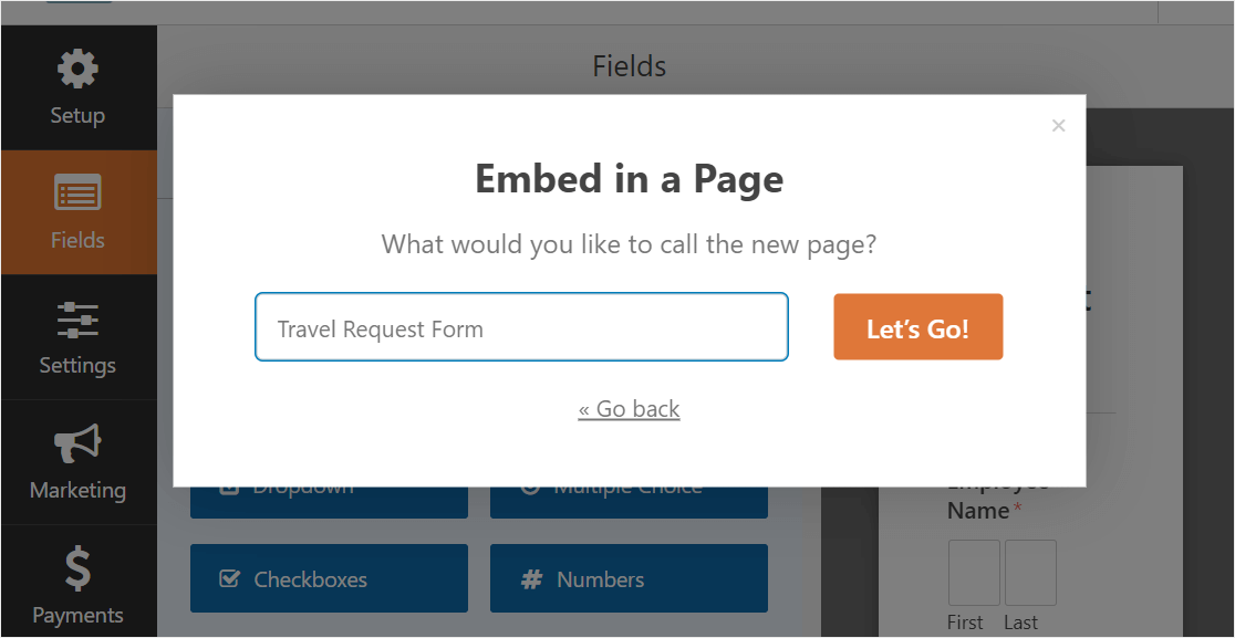 crea una pagina per il modulo di rilascio del viaggio