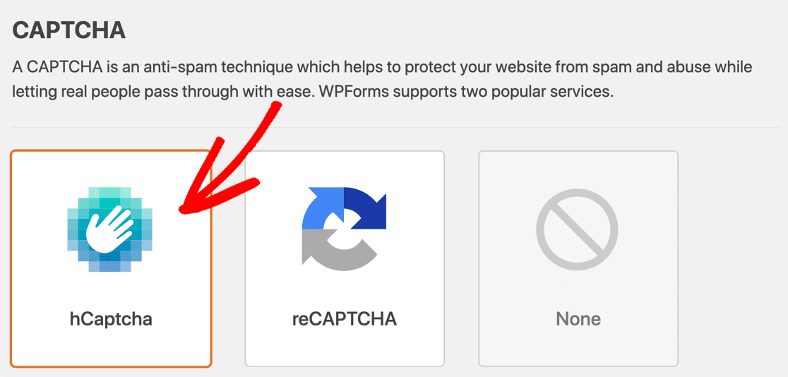 Sélectionnez hCaptcha dans WPForms