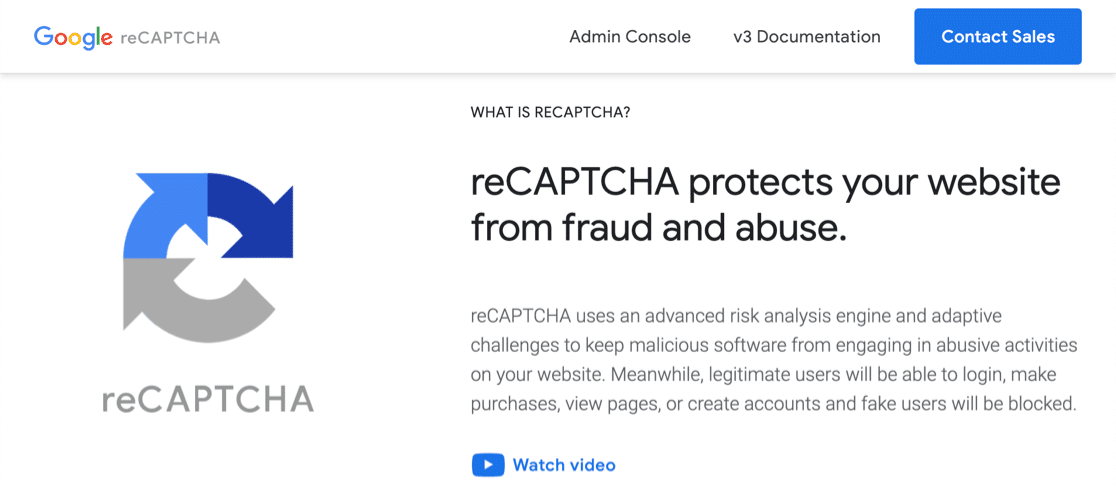 Página inicial do Google reCAPTCHA