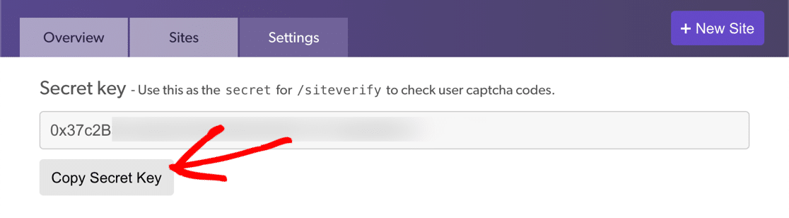 Скопируйте секретный ключ hCaptcha
