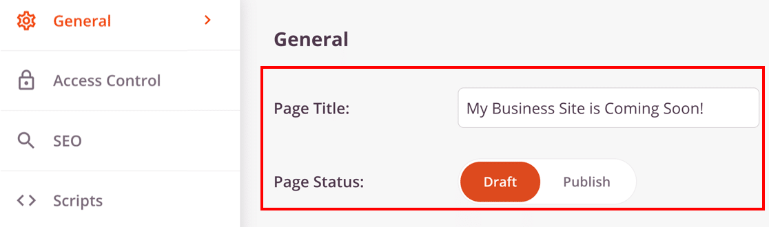 Configurações gerais para sua página Em breve no WordPress