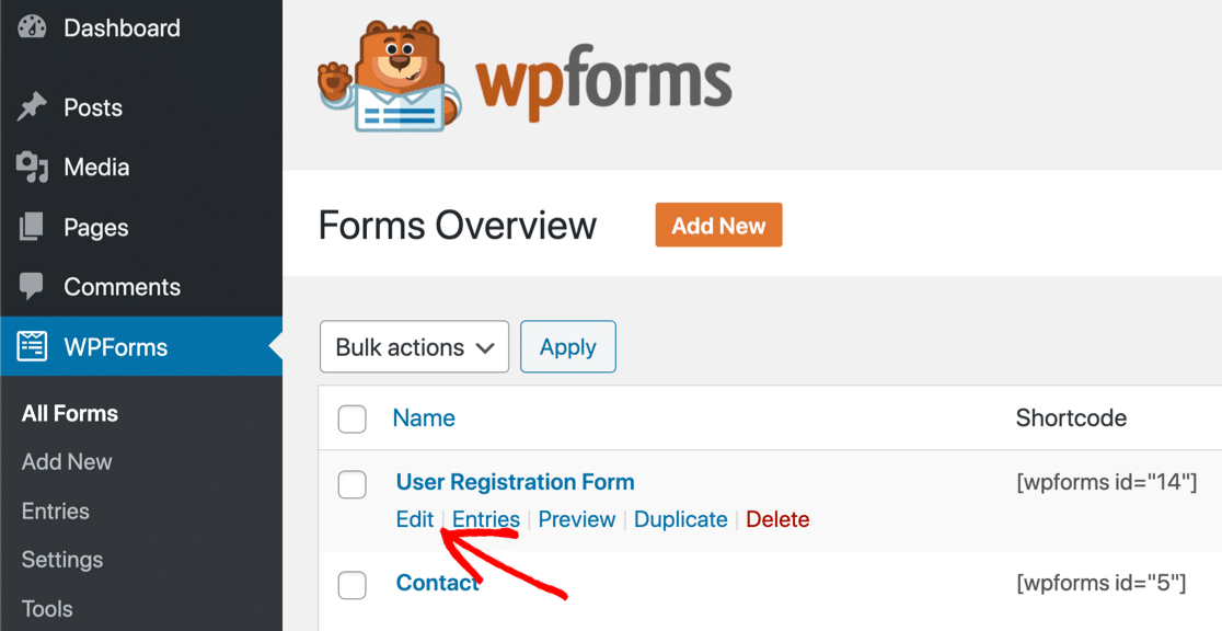 在 WPForms 中編輯自定義用戶註冊表