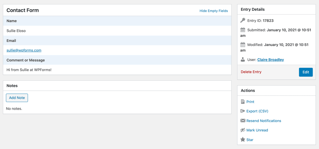 WPForms 항목 세부 정보