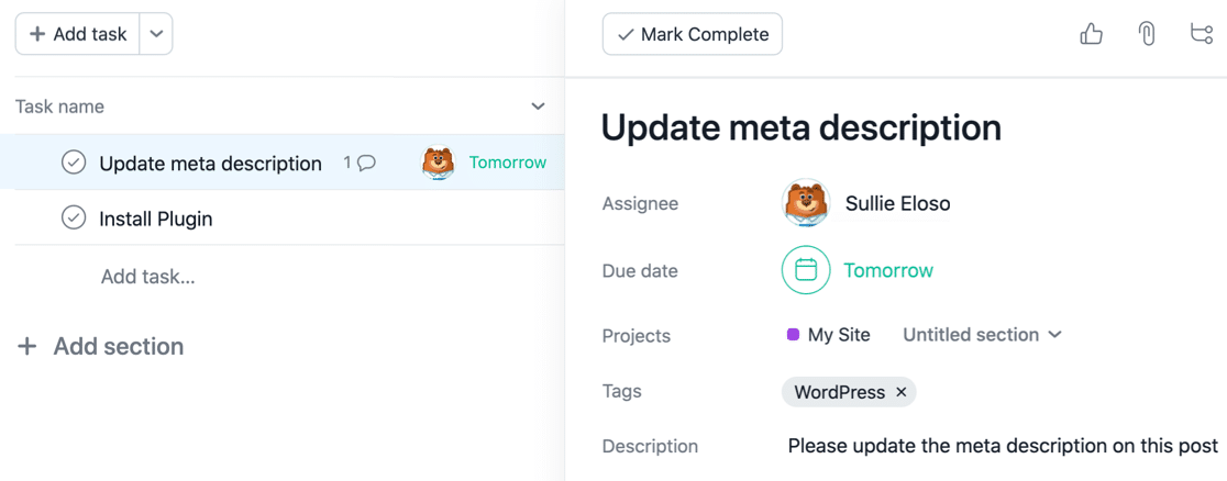 Nueva tarea de WordPress en Asana