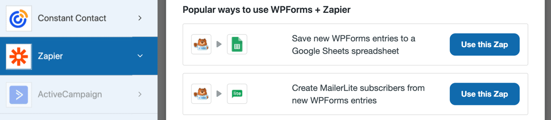 Настройки WPForms Zapier