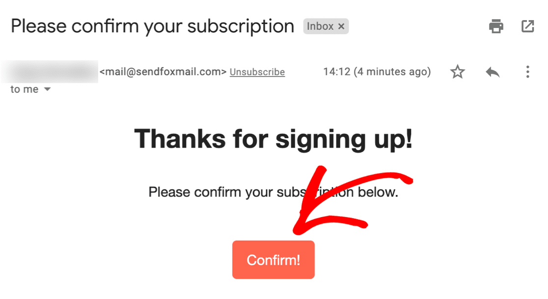 Confirme a inscrição para o formulário SendFox WordPress