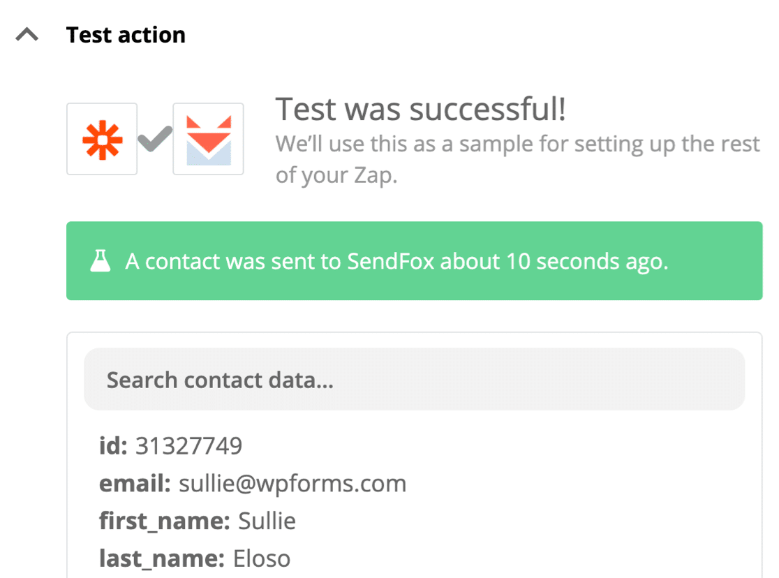 Tes formulir WordPress SendFox berhasil