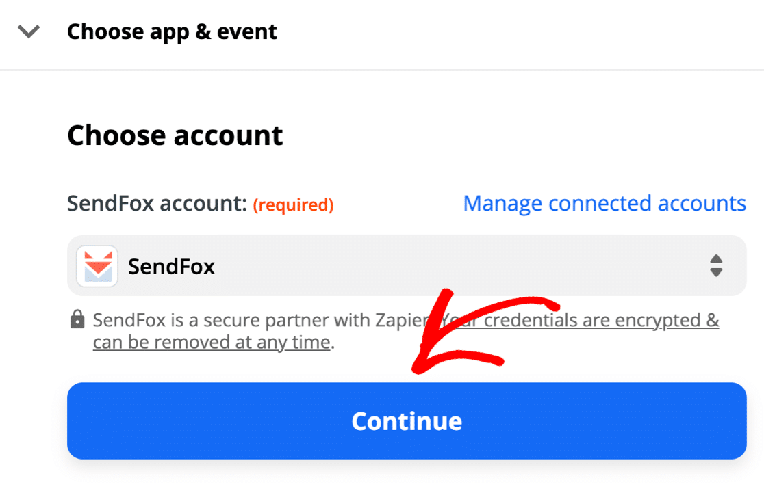 Seleziona l'account SendFox in Zapier