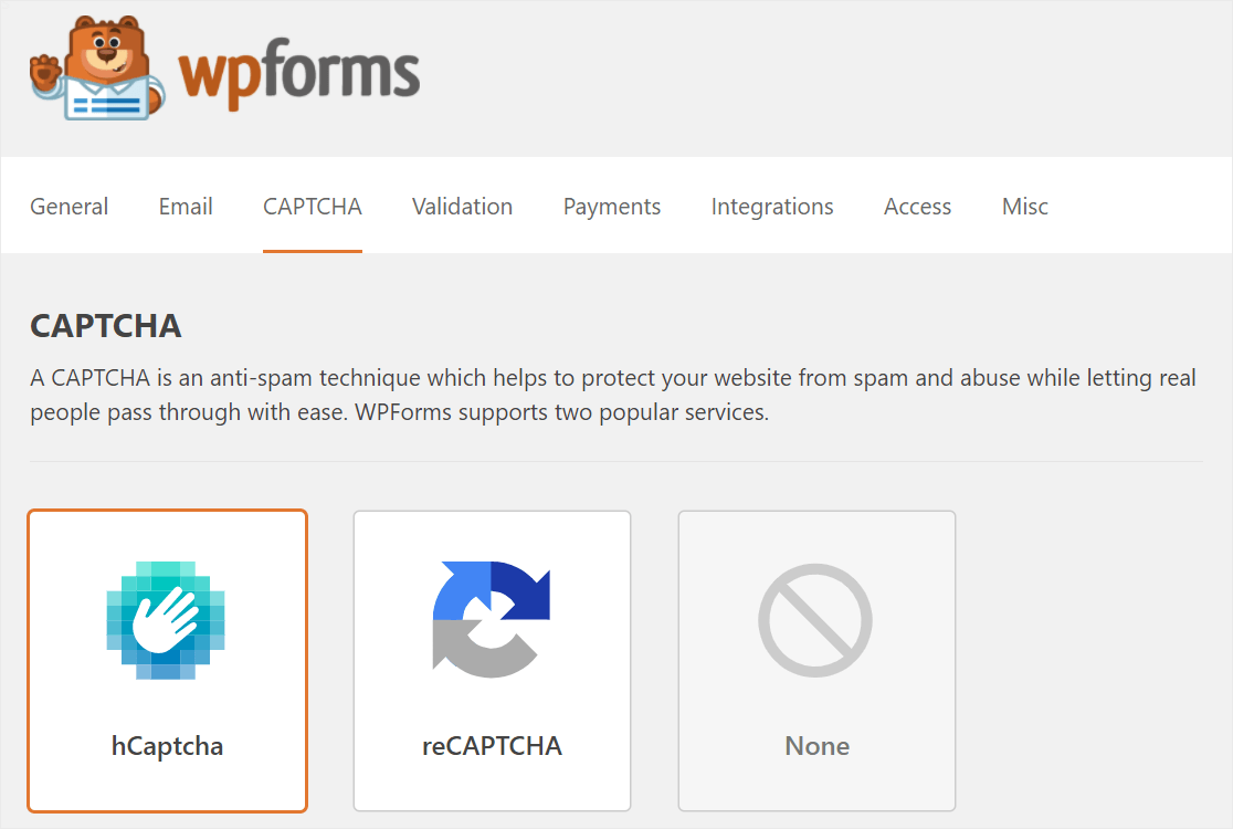 wpforms параметры защиты от спама капча