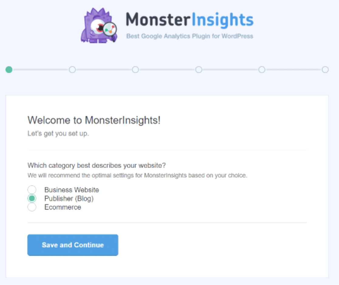 MonsterInsights kurulum sihirbazı