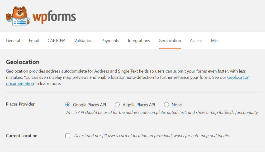 Página de configuración de geolocalización WPForms