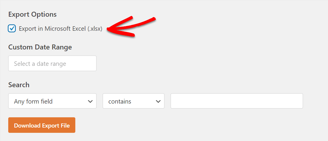 ตัวเลือกการส่งออก excel ในแท็บการส่งออก wpforms