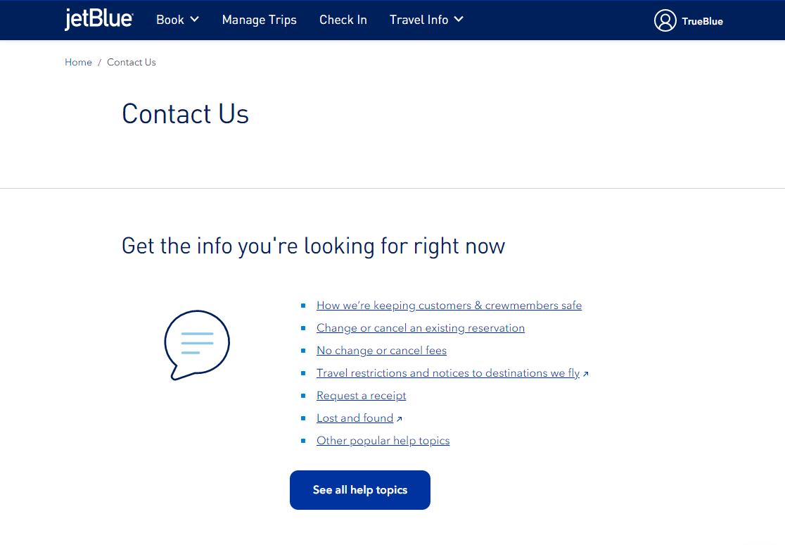 página de contacto de jetblue