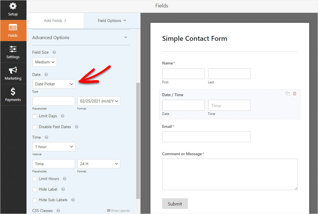 eylem wpforms içinde wordpress datetimepicker