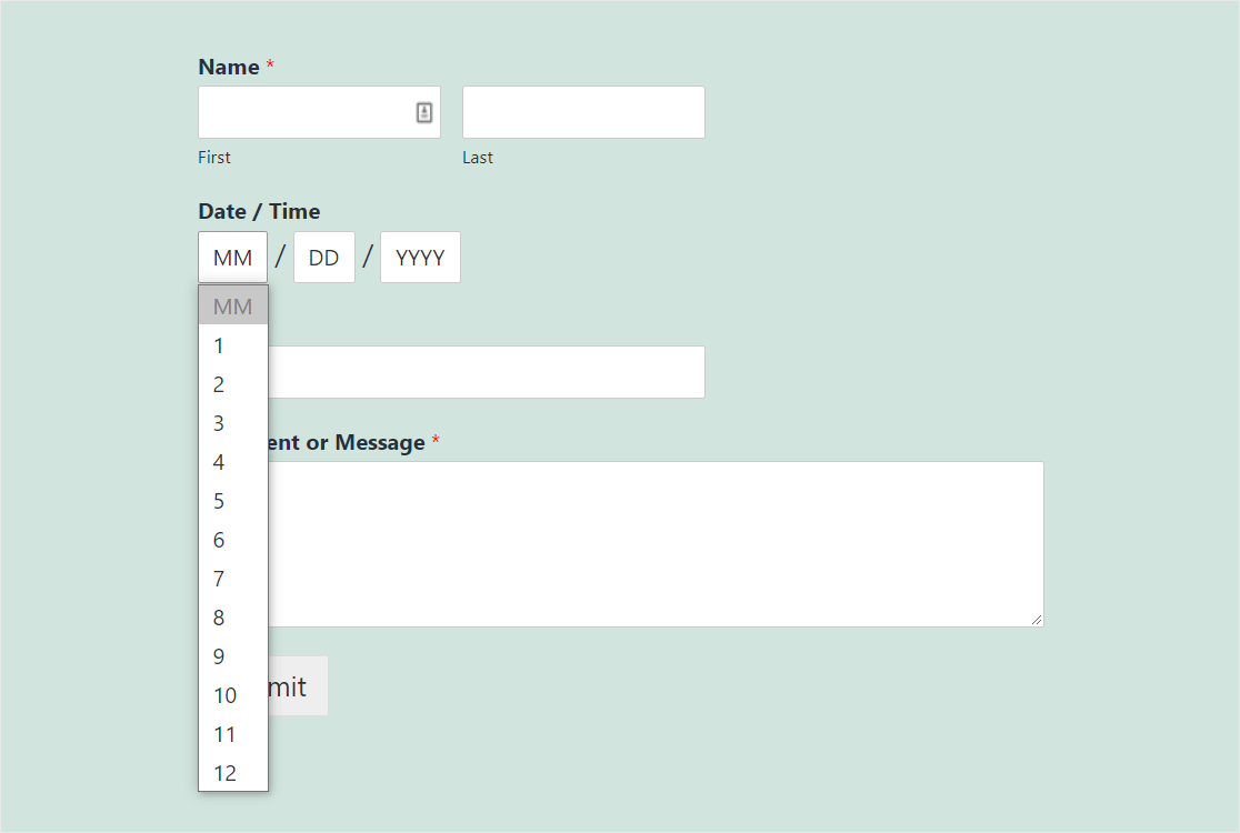 wpforms del campo dateropdown