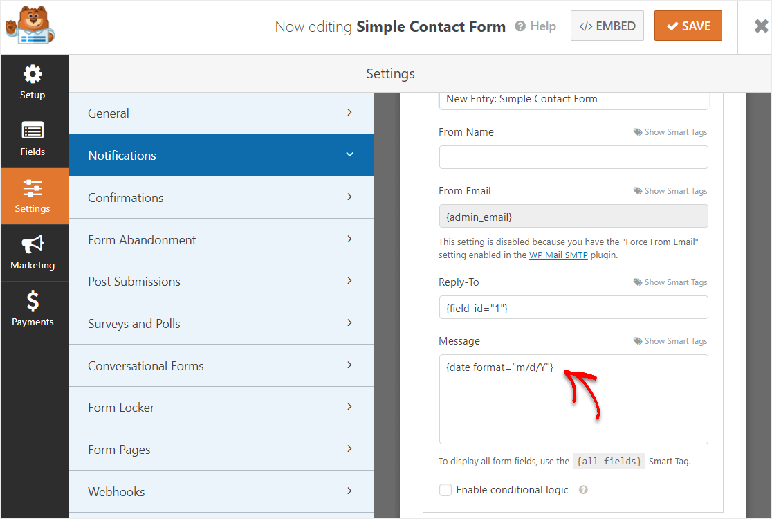 ajouter une balise intelligente de date pour le sélecteur de date/heure wordpress