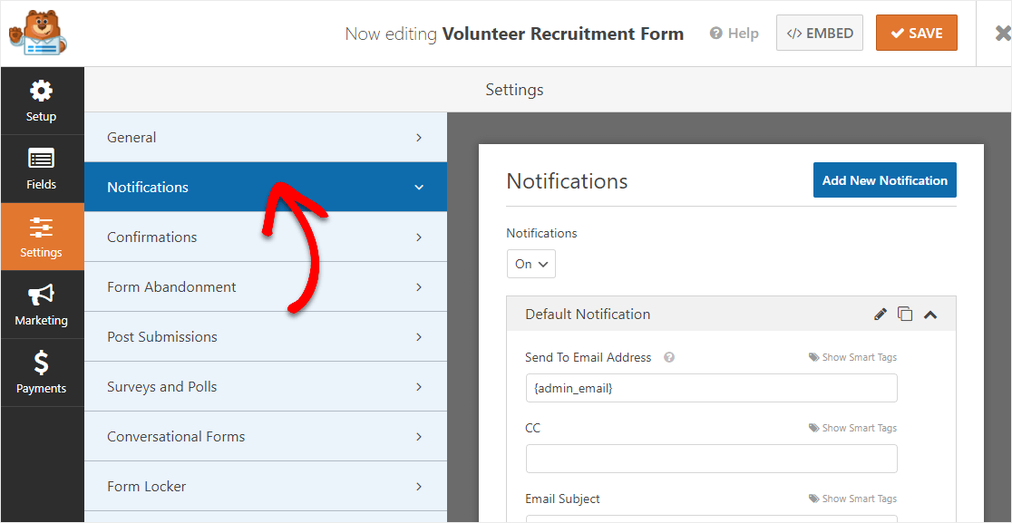 paramètres de notification des formulaires de volontariat