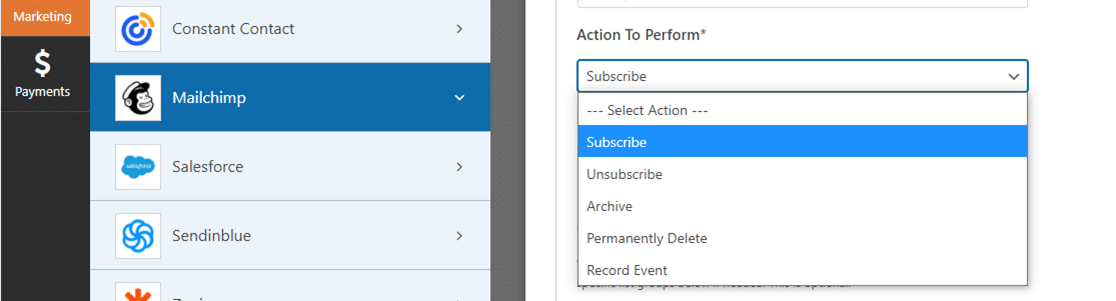 wpforms mailchimp 插件可用操作