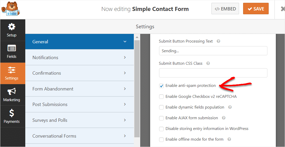 funzione di protezione antispam