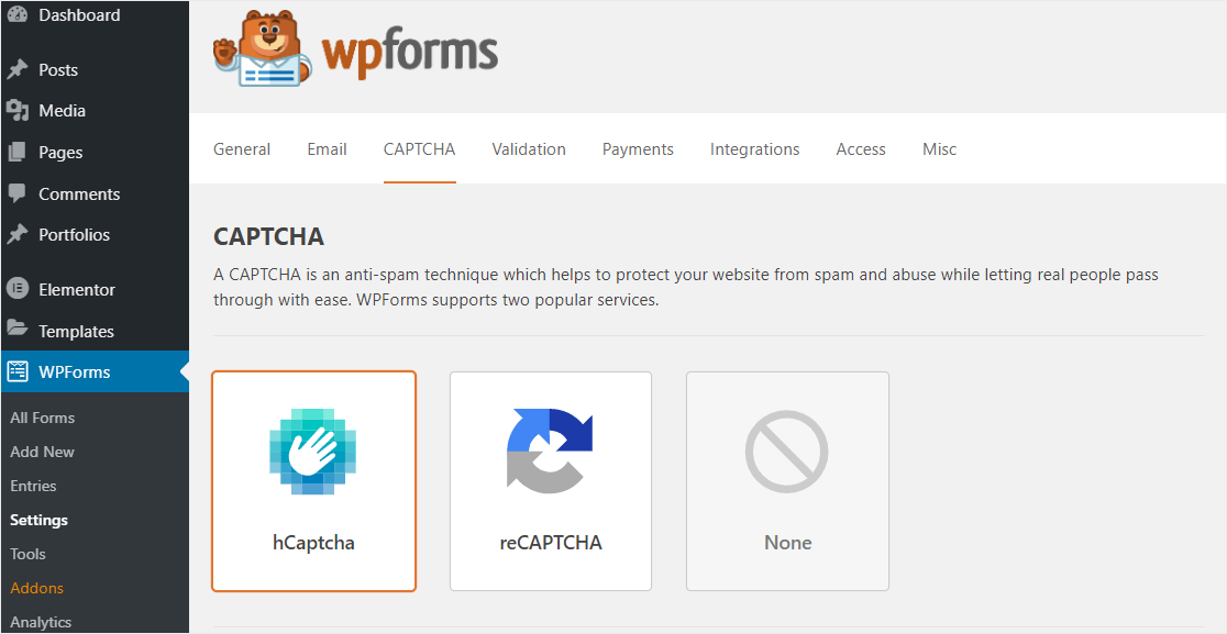 opzione hcaptcha all'interno delle impostazioni di wpforms