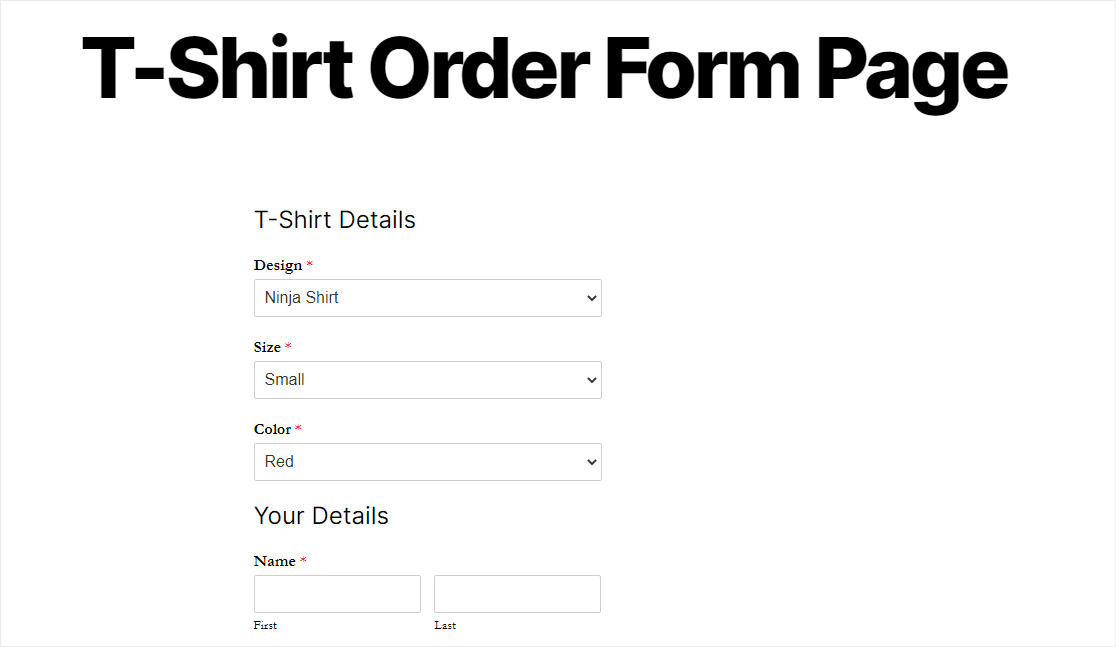 formulário de pedido final de camisa em wordpress na página